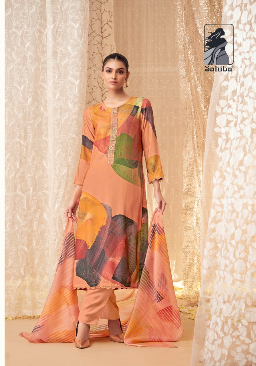 Nazma By Sahiba Stape Twill Digital Printed Dress Material Wholesale Shop In Surat